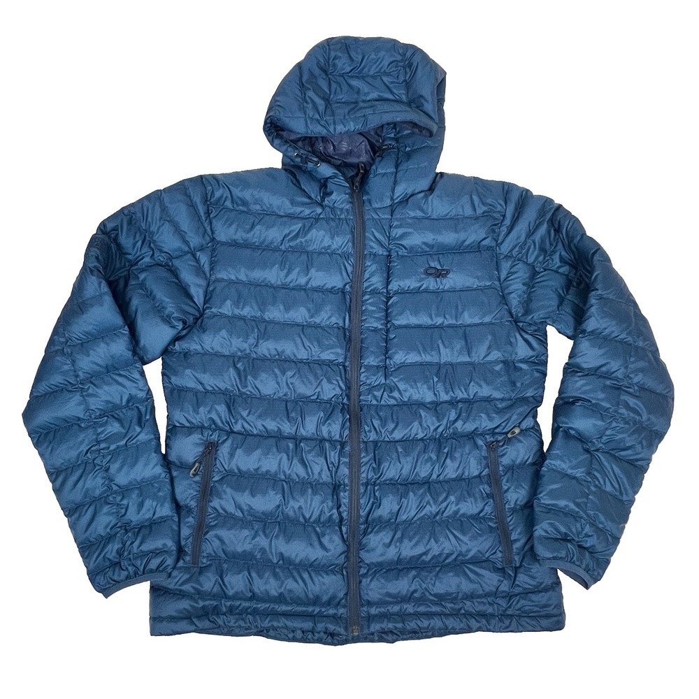 Outdoor Research Transcendent Hoody Jacket Mens XL Blue Down Puffer Full Zip